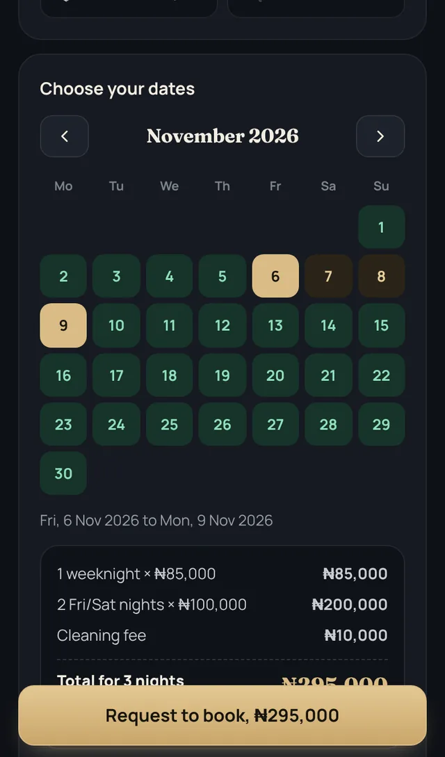 Hostvale booking website showing free dates and the price for a stay