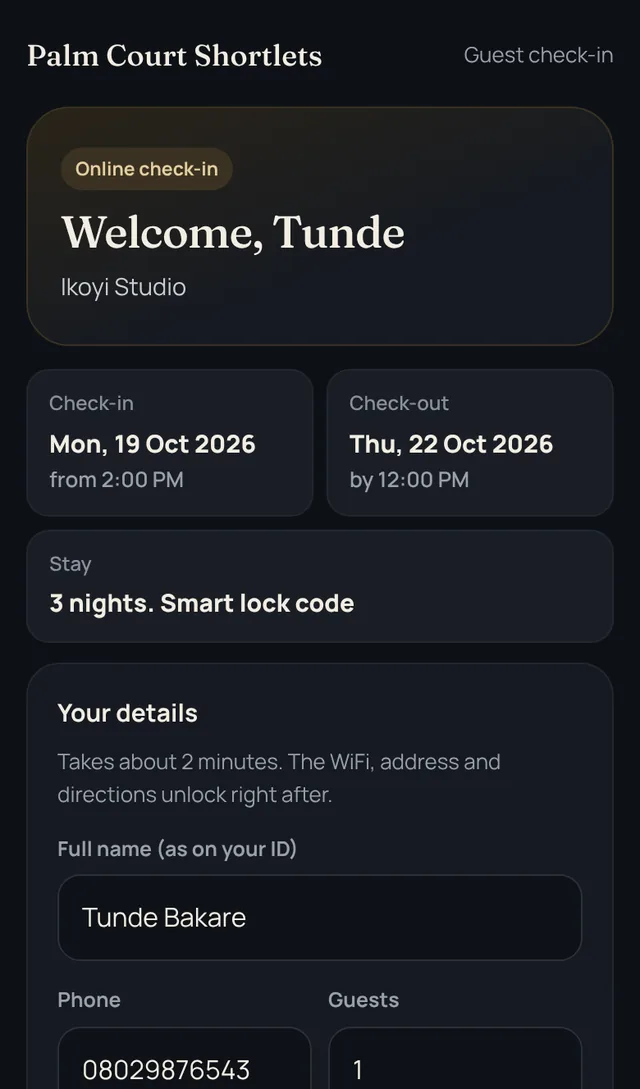 Hostvale online check-in page for a guest